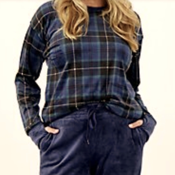 Super Snuggly Soft Cuddle Duds Fleece SET OF 2 - Top & Pants - 2X NEW Blue Plaid - Picture 2 of 8